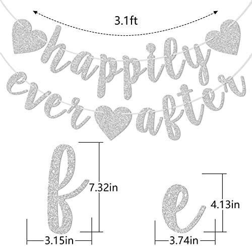 Glittery 'happily ever after' banner with heart designs and size measurements.