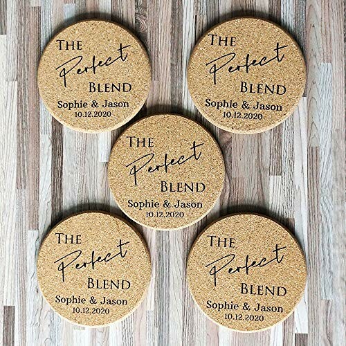 Five personalized cork coasters with 'The Perfect Blend' and names Sophie & Jason, dated 10.12.2020.