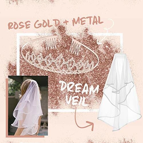 Rose gold metal headpiece and white veil with text 'Dream Veil'.