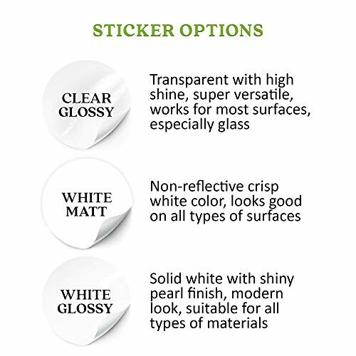 Sticker options with clear glossy, white matt, and white glossy descriptions.