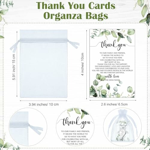 Thank you cards with organza bags and eucalyptus design.