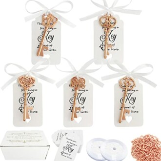 Vintage key party favors with tags and decorations.