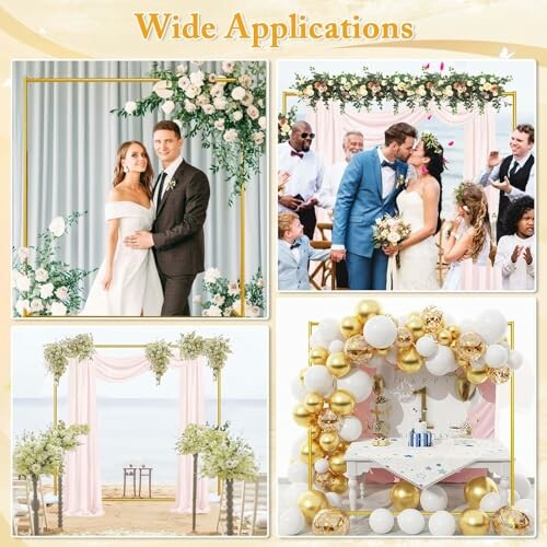 Collage of wedding and celebration backdrops with floral and balloon decorations.