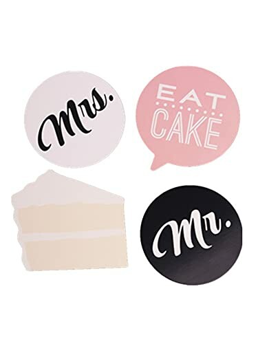 Wedding cake toppers with Mrs., Eat Cake, cake slice, and Mr. designs.