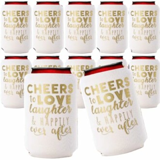 Set of white can coolers with gold text 'Cheers to love, laughter & happily ever after'.