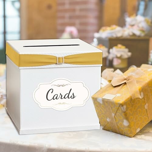 Wedding card box and gift on a table