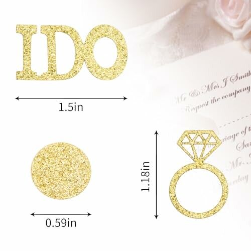 Gold glitter wedding decorations with ring and 'I DO' text, perfect for a wedding party or engagement party decoration.