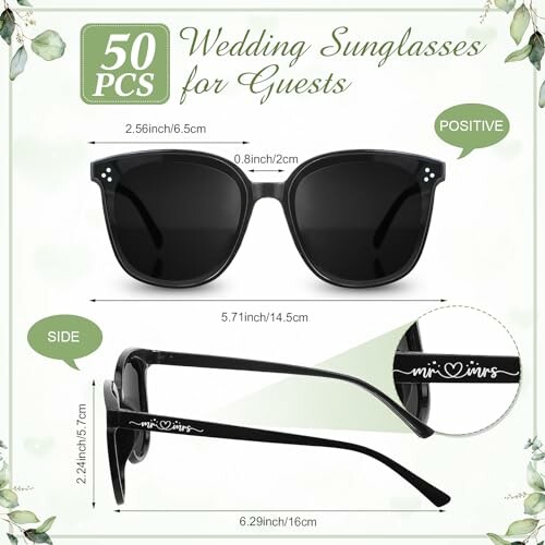 Black wedding sunglasses for guests with dimensions