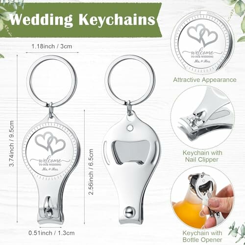 Wedding keychains with nail clipper and bottle opener.