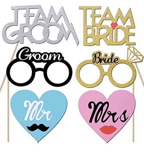 Wedding photo props including signs and glasses for groom and bride.