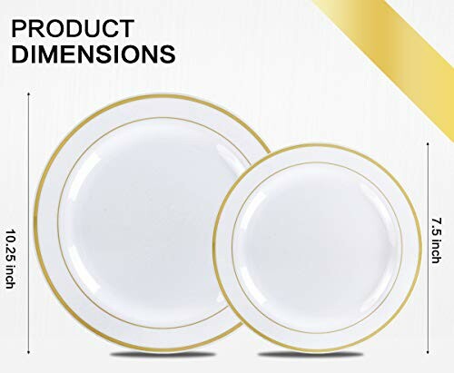 Two white plates with gold rims, dimensions 10.25 inch and 7.5 inch.