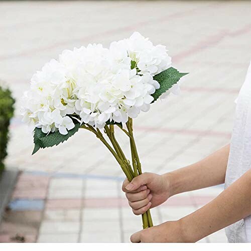 Person holding a bouquet of white hydrangeas