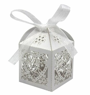 White laser cut favor box with ribbon