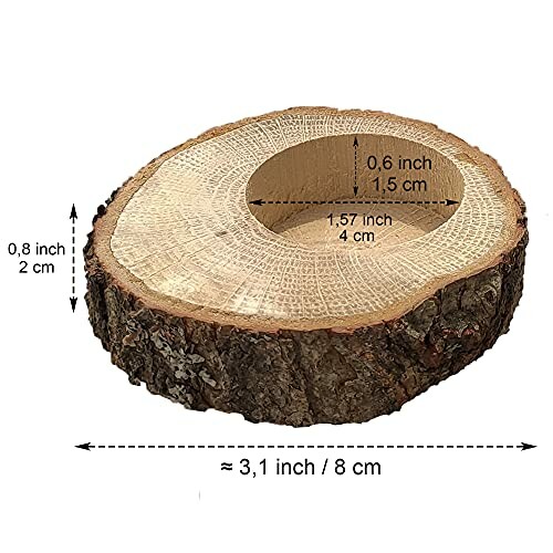 Wood slice tealight holder with dimensions labeled.