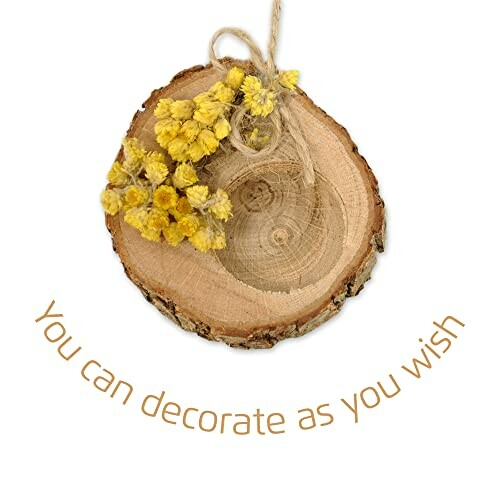 Wood slice decorated with yellow flowers and twine.